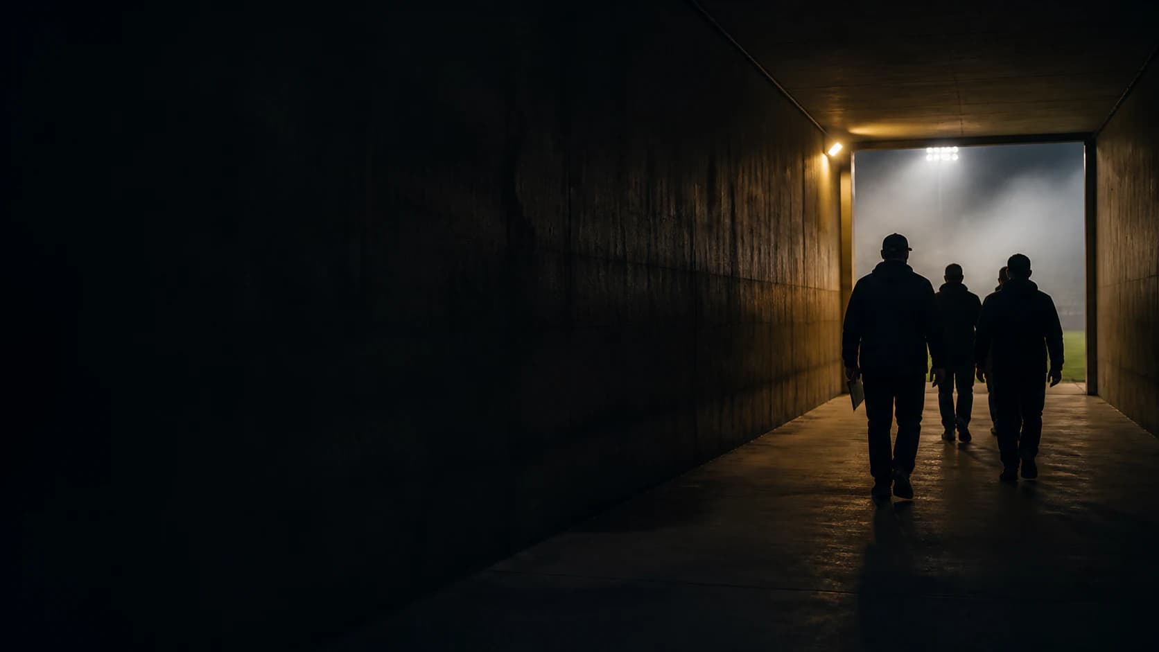 An anonymous football coaching staff leaving the stadium tunnel after the final whistle