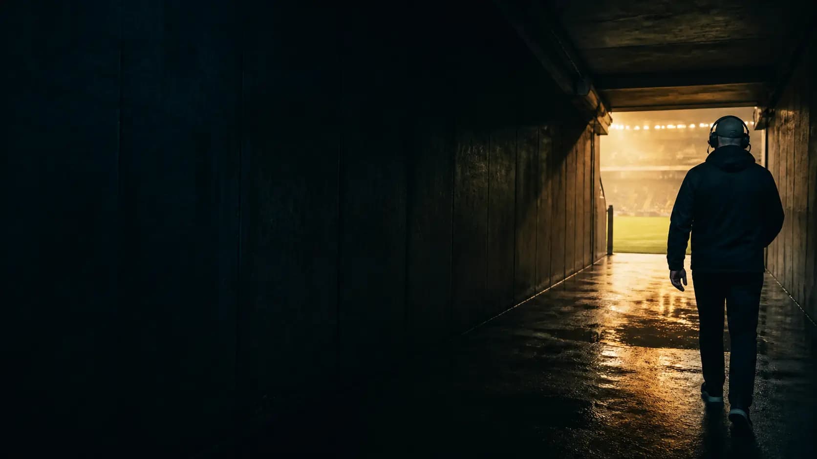 An anonymous football coach crossing a stadium tunnel from shadow into field light