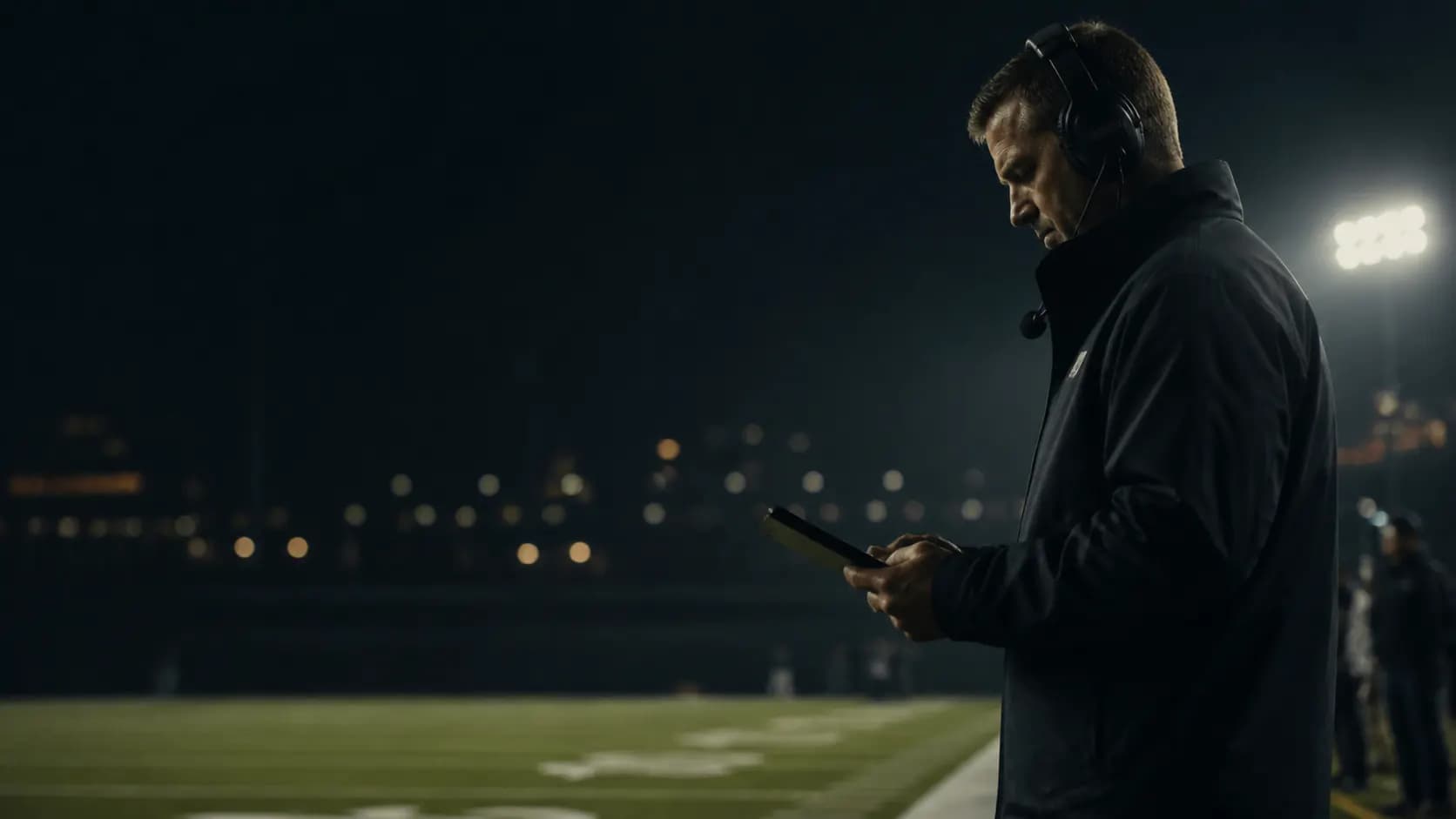 An anonymous football coordinator reading a tablet on the sideline under stadium lights
