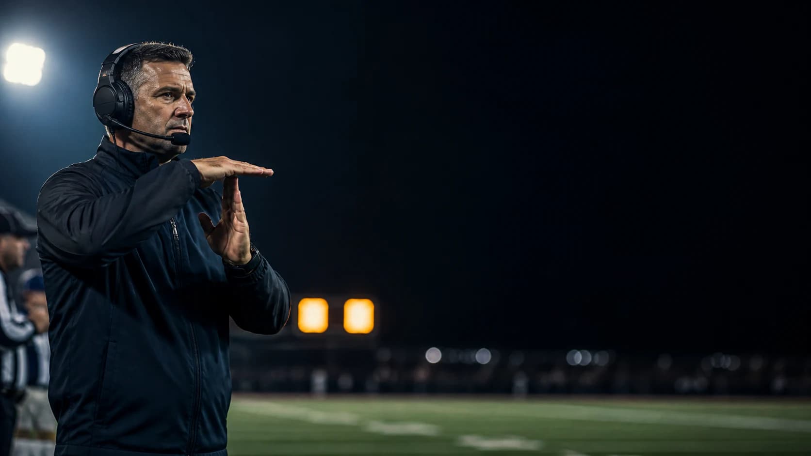 An anonymous coach watching the game clock while signaling for a timeout