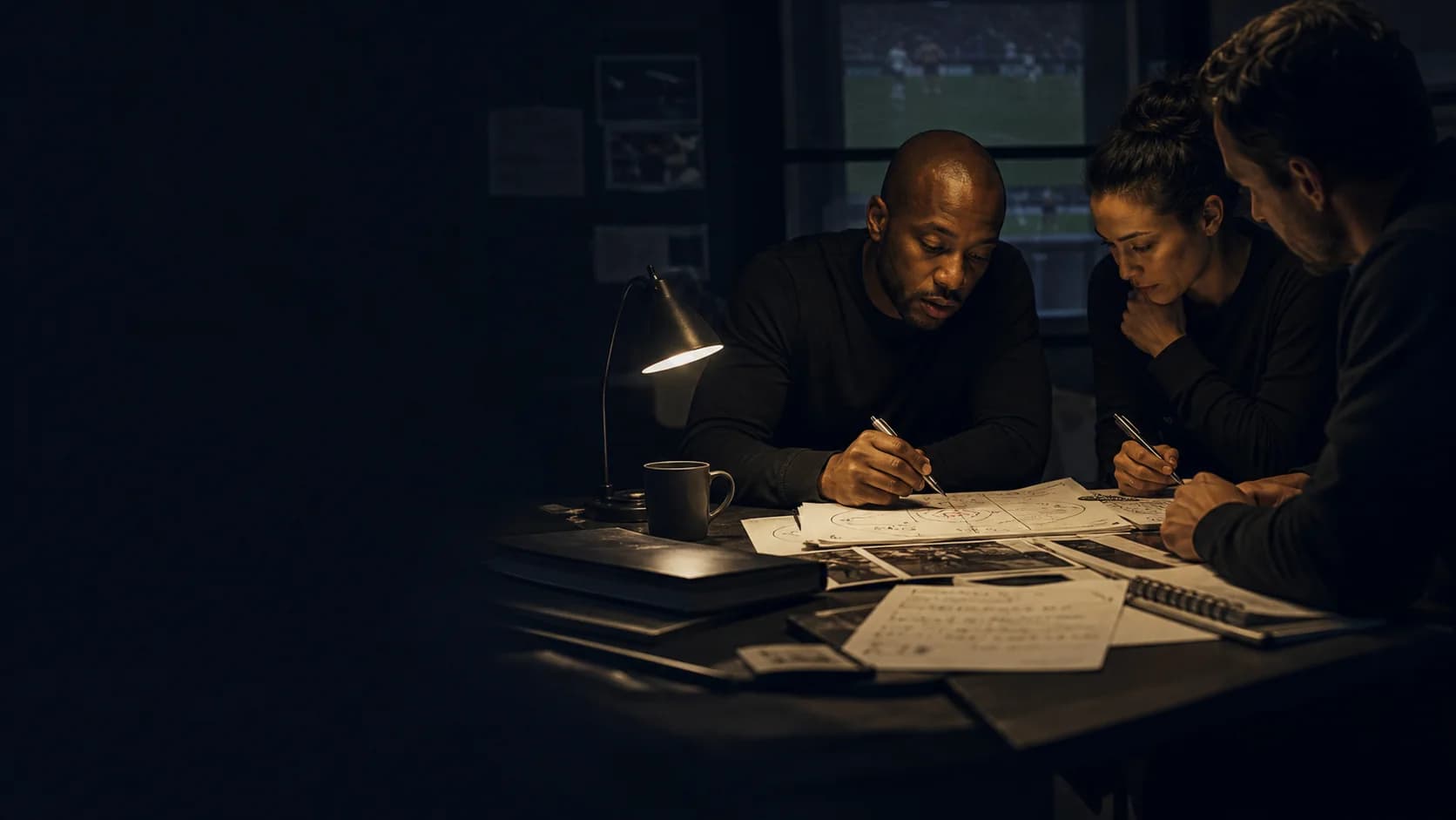 A football research team reviewing coaching methodology together