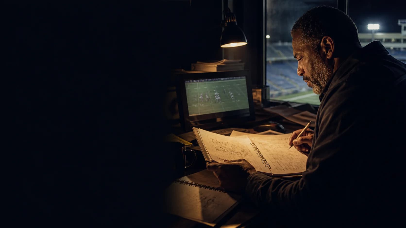 A football coach studying game film and a handwritten playbook