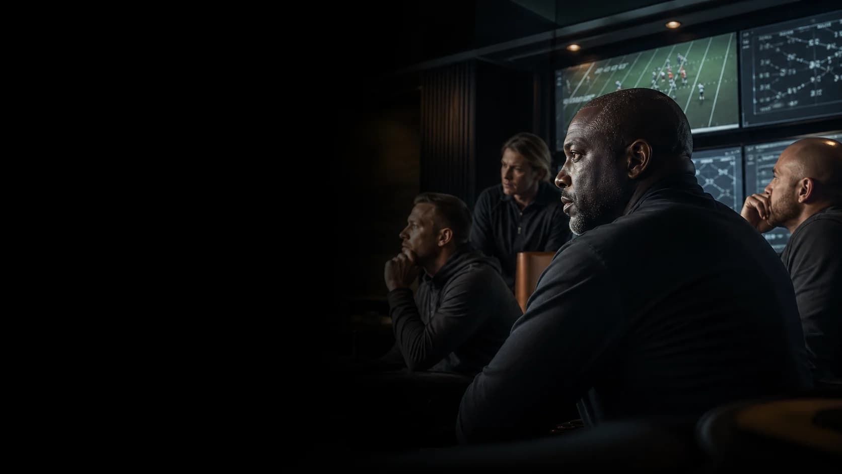 A football operations staff reviewing game film together