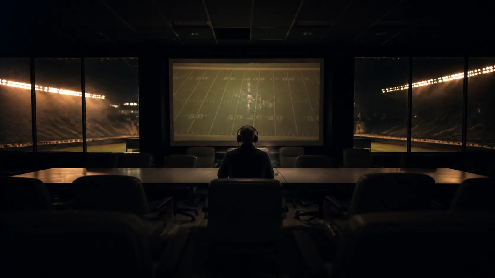 An anonymous coach silhouetted in an empty film room before kickoff