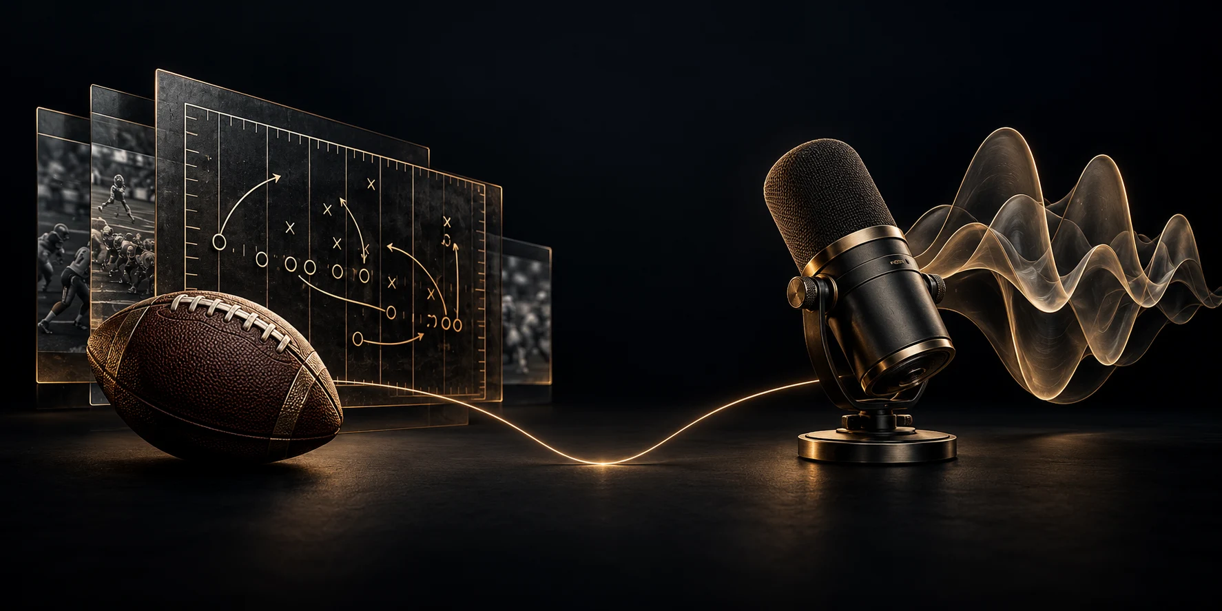Football analysis boards and an interview microphone connected by gold paths.