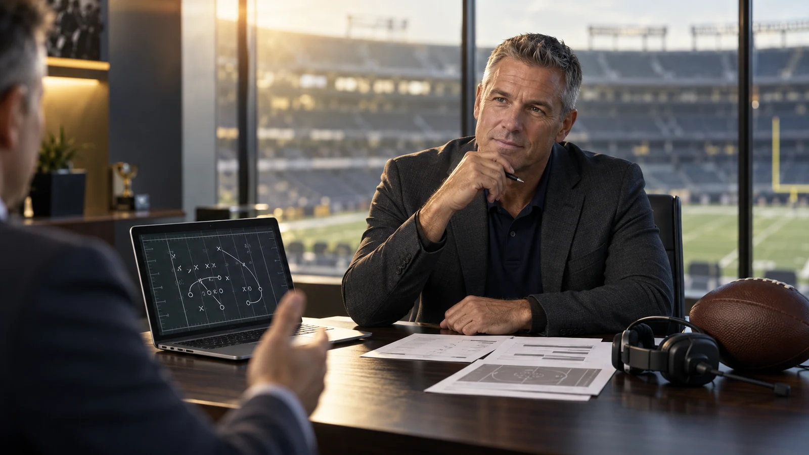 A fictional football coach discussing performance evidence during an interview, with a stadium visible behind him