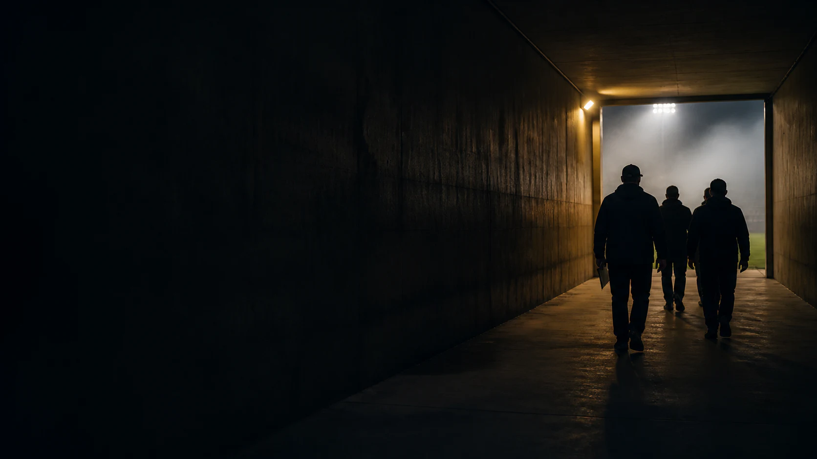 An anonymous football coaching staff leaving the stadium tunnel after the final whistle