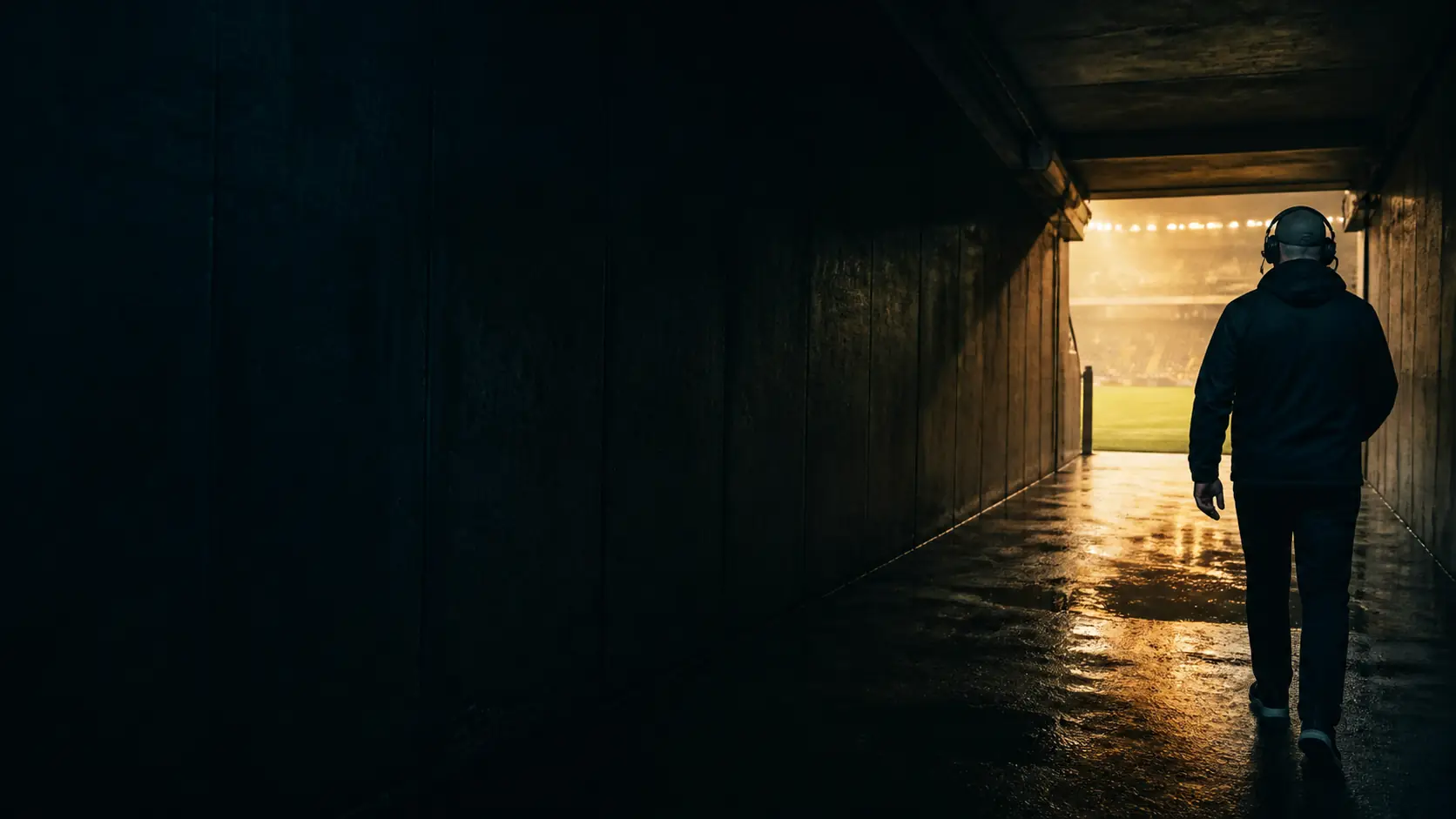 An anonymous football coach crossing a stadium tunnel from shadow into field light