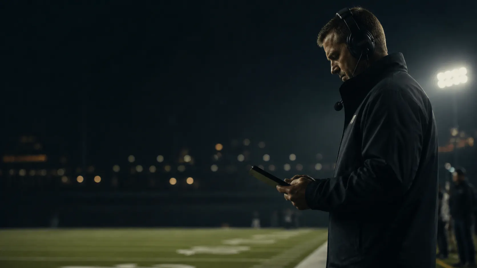 An anonymous football coordinator reading a tablet on the sideline under stadium lights