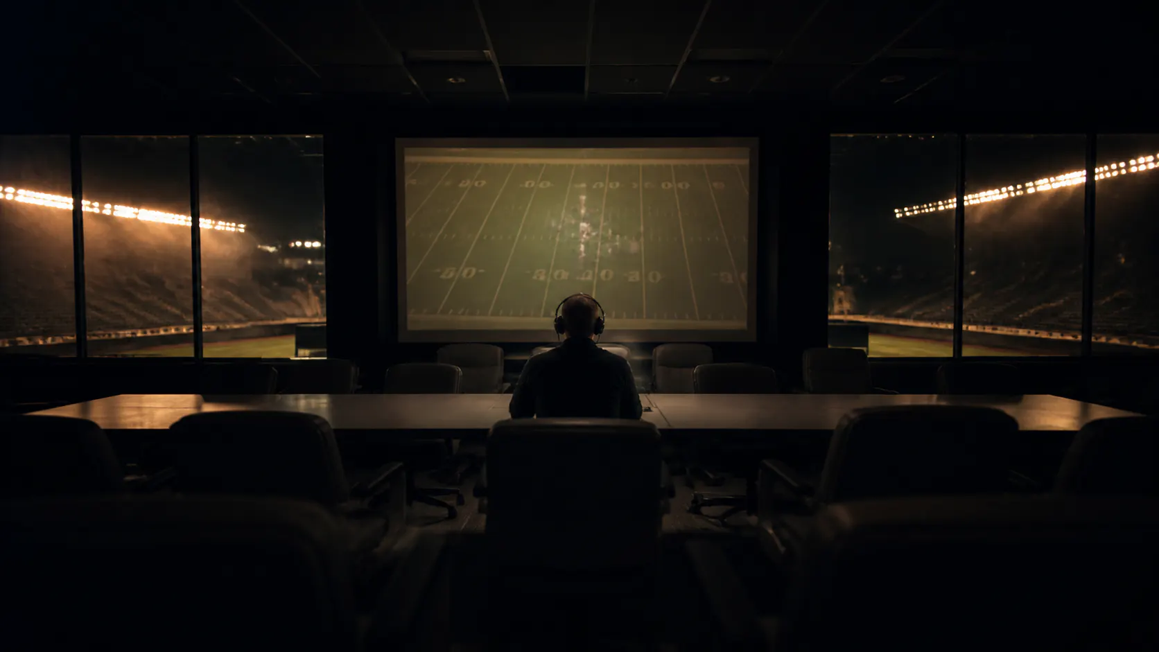 An anonymous coach silhouetted in an empty film room before kickoff